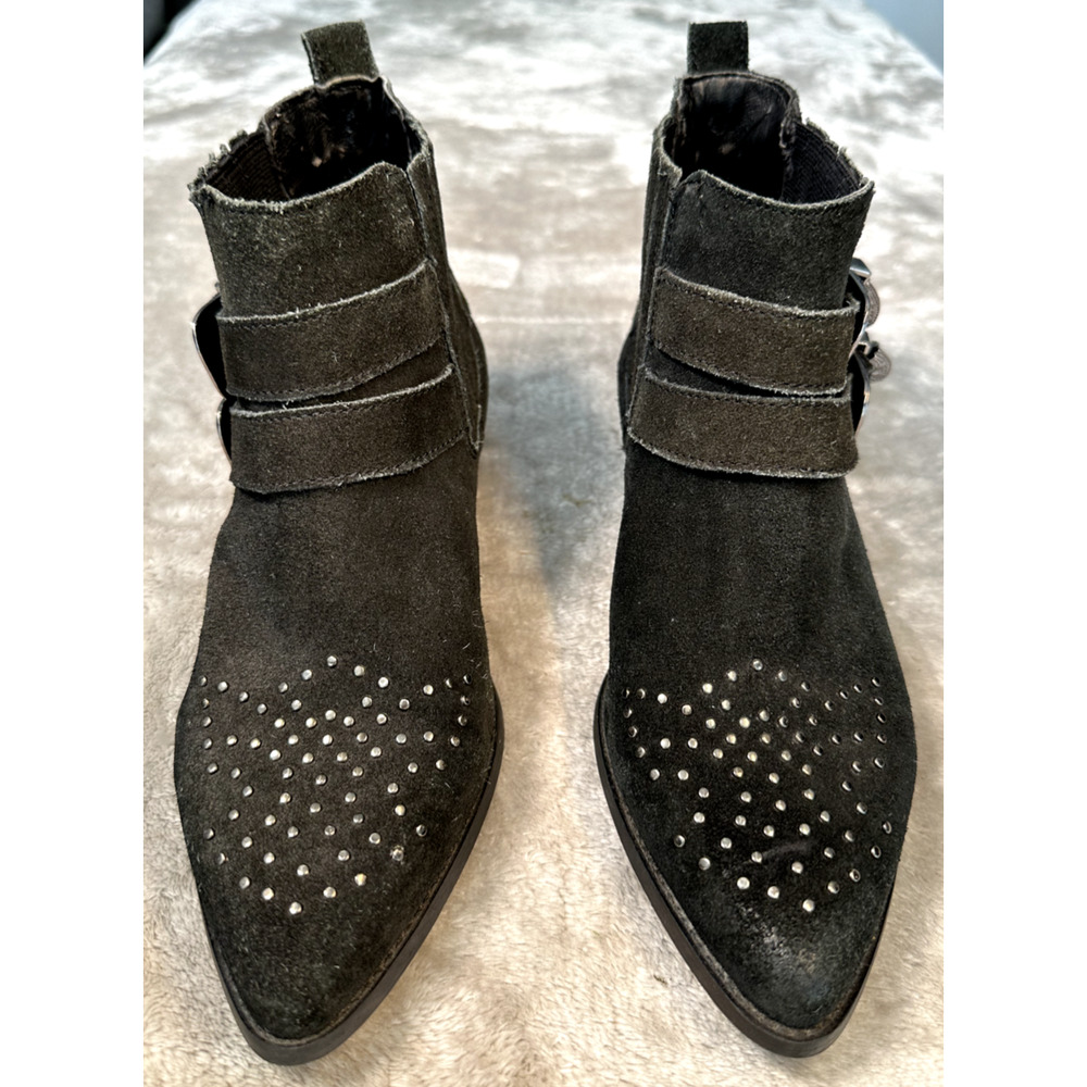 Steve Madden Nann Black Suede Western Ankle Boots Studded Buckle Womens Size 8